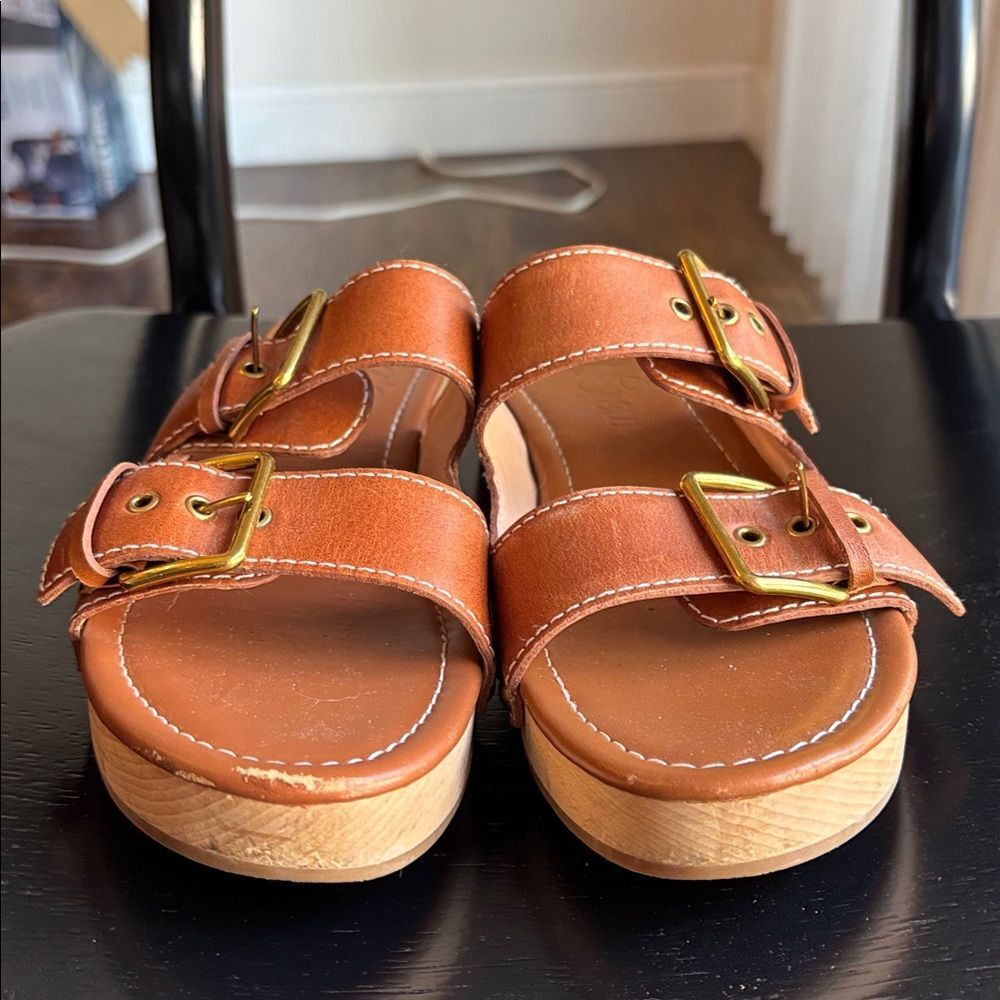 J. Crew platform buckle leather Stylish Tan brown Women clog Sandals sz 7.5 GUC! - Picture 4 of 12